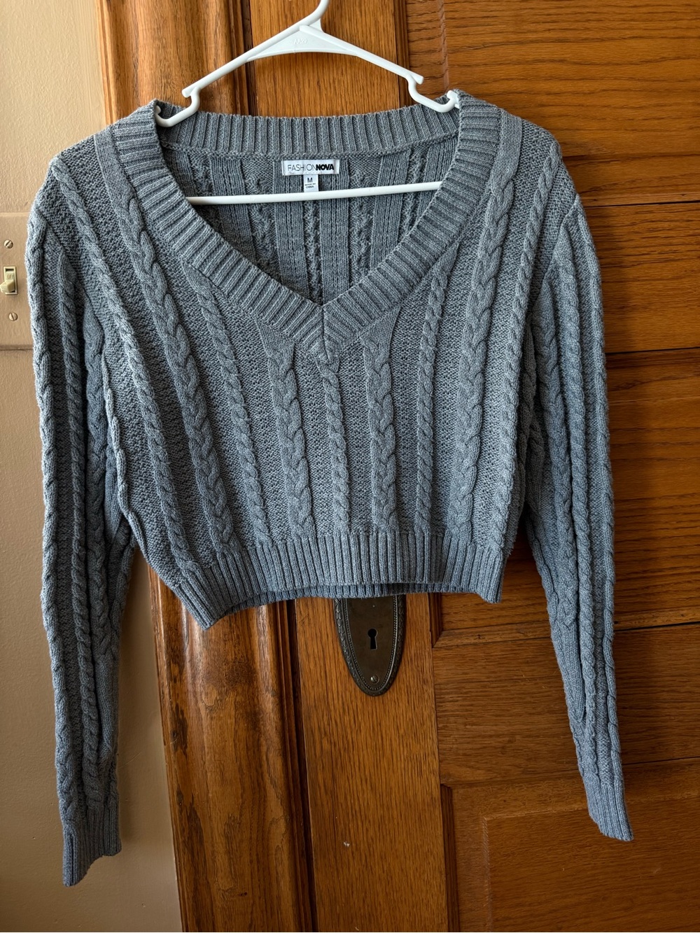 Fashion Nova Charcoal Gray Cable V-Neck Cropped Sweater